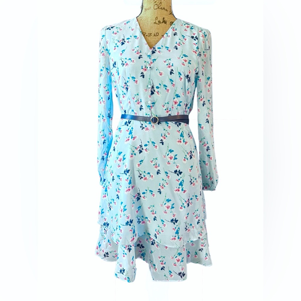 Allegra K Floral Lined Blue Dress with Belt size XS NWT